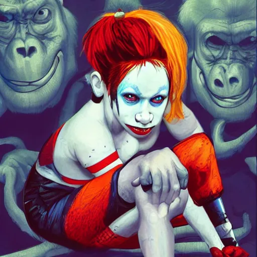 Image similar to Harley Quinn as a young ape kid, illustration, comic, by James Jean, by John Coltrane and Marc Simonetti, high detail of the face, full body