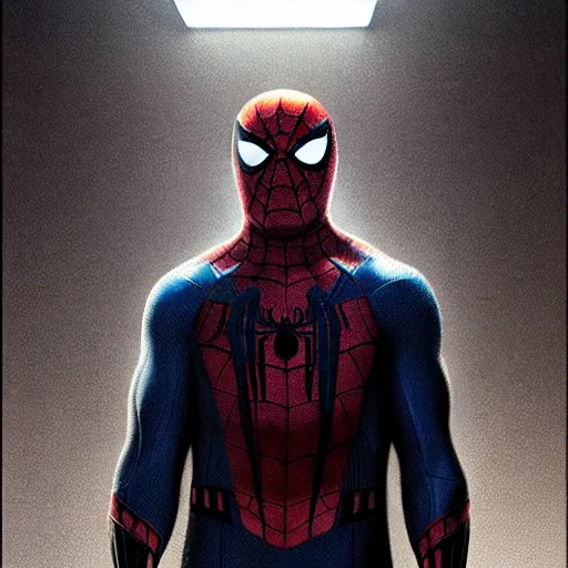 Image similar to ryan reynolds as spider - man, wearing a black and blue suit, cinematic, volumetric lighting, f 8 aperture, cinematic eastman 5 3 8 4 film, photorealistic by greg rutkowski, by stanley artgerm, by alphonse mucha