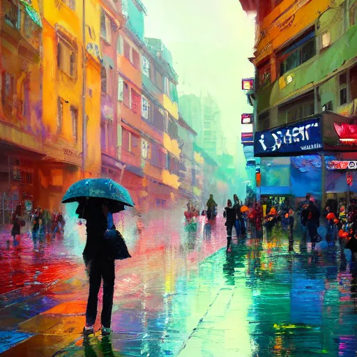 Image similar to acrylic painting, impressionism and expressionism, strong emotional impact, bold pastel colors, spring day, expressive brushstrokes, puddles, an art deco streetscape lined with beautiful flowers, by liam wong and tyler edlin, trending on artstation