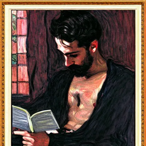 Image similar to attractive man with dark skin reading a book, painting by tom of finland, john william waterhouse, claude monet