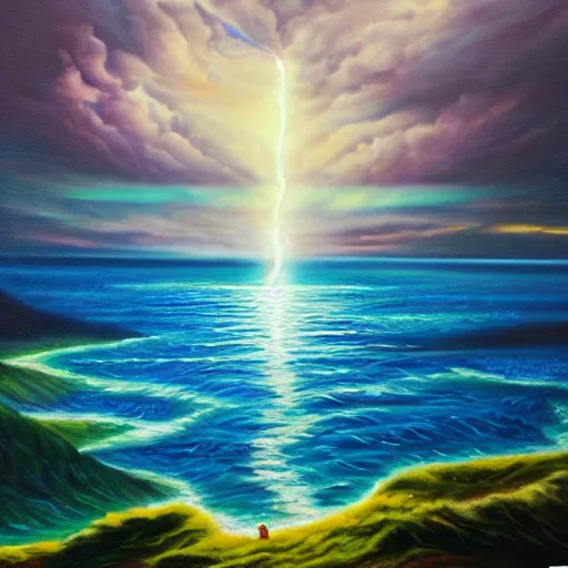 Image similar to an endless lake, that leads into another dimension, portal, oil painting, trending on artstation