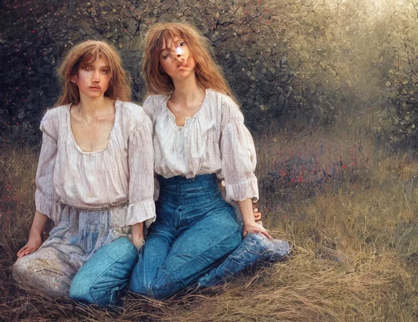 Image similar to beautiful peasant sisters with long hair, cottage core, cinematic focus, polaroid photo bleached vintage pastel colors high - key lighting, soft lights, foggy, by steve hanks, by lisa yuskavage, by serov valentin, by tarkovsky, 8 k render, detailed, oil on canvas