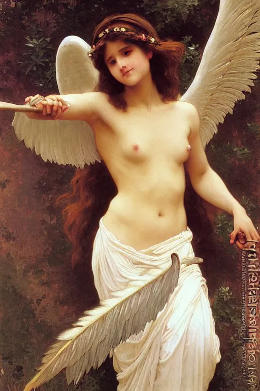 Prompt: painting of a beautiful clothed angel with huge feather wings, intricate, elegant, hyperdetailed by william - adolphe bouguereau and alphonse mucha and john william waterhouse