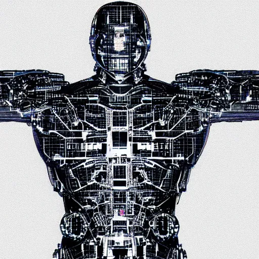 Image similar to T-posing image of a cybernetically augmented human male, monochrome, medium: pencil, technical drawing, blueprints, detailed