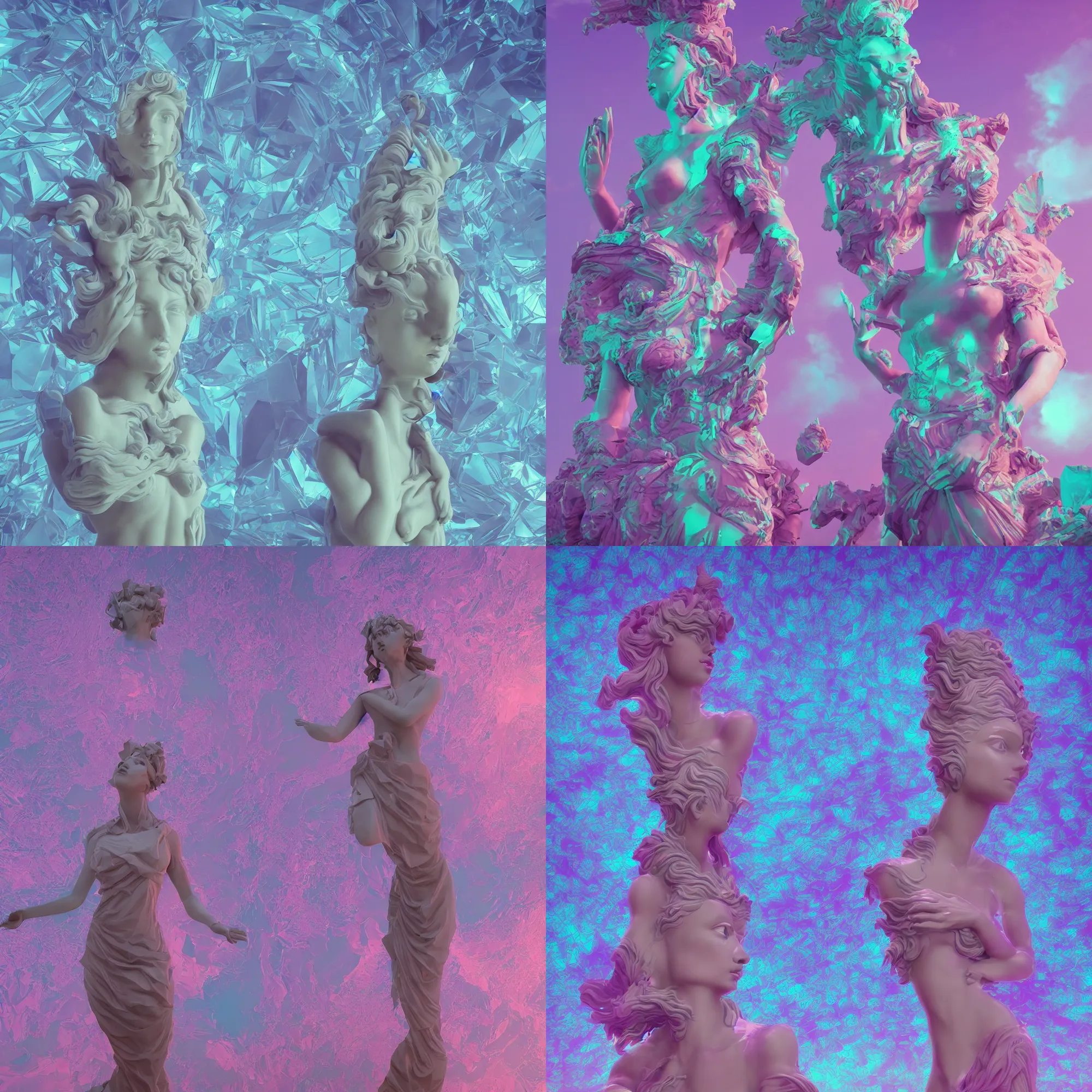 Prompt: a vaporwave goddess statue, deviant artstation surreal and pristine, by beeple, glitch art, insane warped multiple plan perspectives, fractal, crystalized time warps, trending on 8k