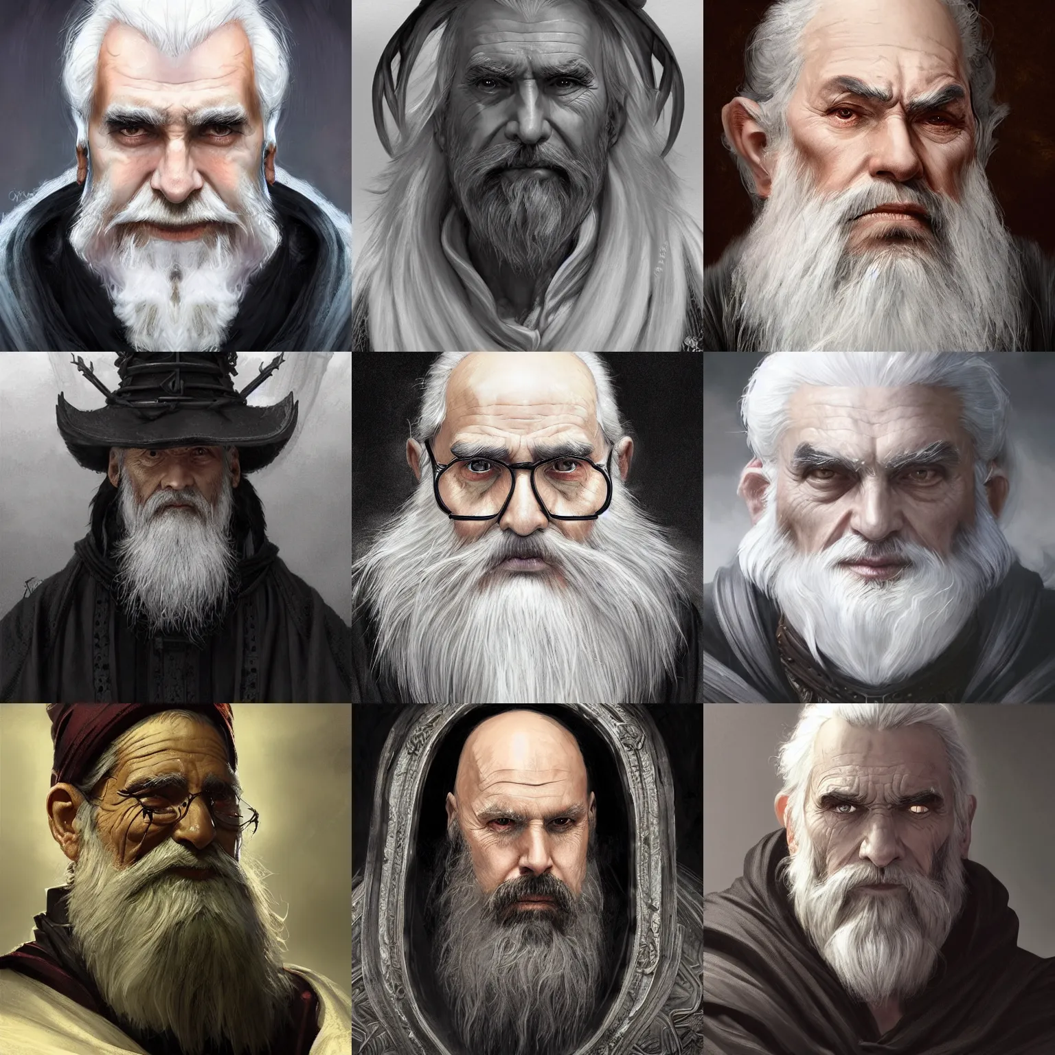 Prompt: old male archmage, headshot, portrait, large bushy eyebrows, piercing gaze, black robes, short white beard, short white hair, D&D, fantasy, intricate, elegant, highly detailed, digital painting, artstation, concept art, smooth, sharp focus, illustration, art by artgerm and greg rutkowski and alphonse mucha