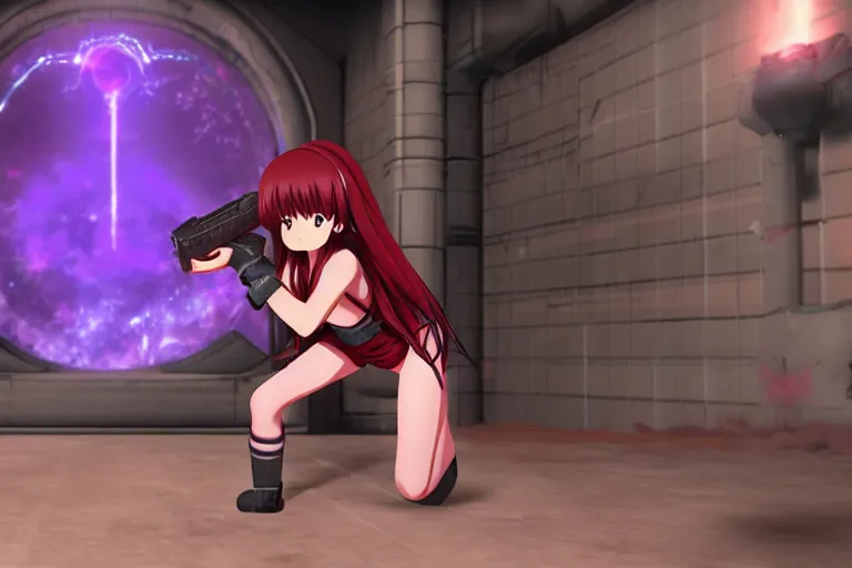 Image similar to an anime girl in a screenshot of the video game doom, the anime girl is crouching