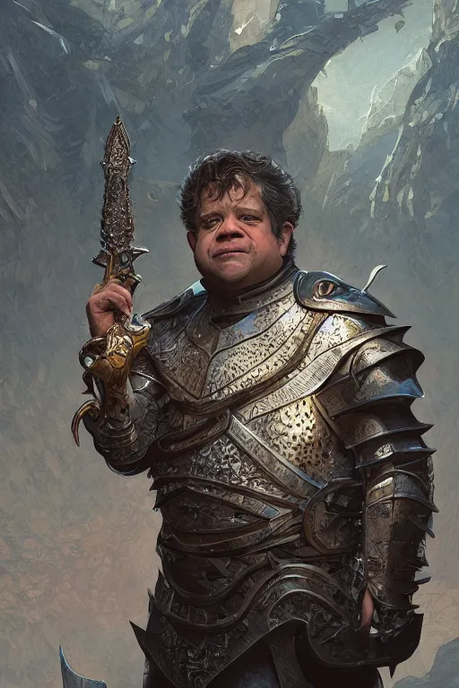 Prompt: patton oswalt as a knight, in his 5 0 s, fantasy, intricate, elegant, highly detailed, digital painting, artstation, concept art, matte, sharp focus, illustration, art by artgerm and greg rutkowski and alphonse mucha