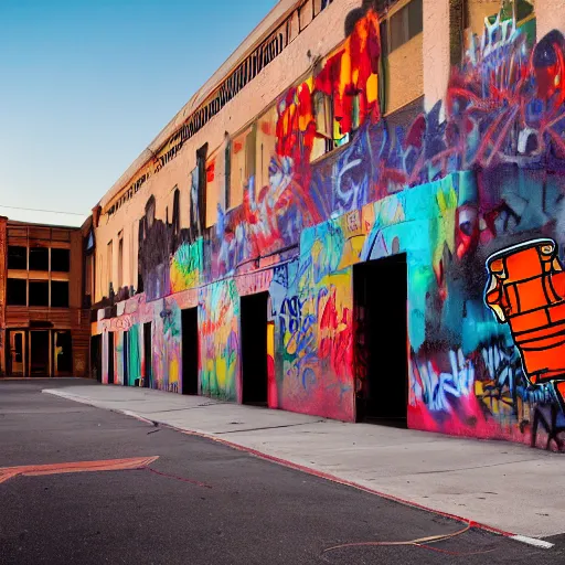 Prompt: high quality photograph of the outside of a building at dusk. There is very artistic graffiti on one wall of the building and a fire hydrant on the sidewalk in front of the wall. Three empty spray paint cans lay discarded on the ground and a young person around the age of 20 is walking away from the building.