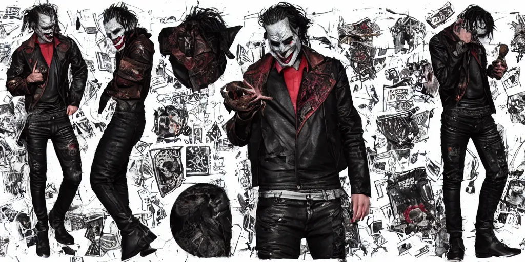 Image similar to the joker fully tattooed, wearing scratched and ripped leather jeans, wearing an aviator outfit with a smiley stamp on its back, character sheet, fine details, props, concept design, contrast, kim jung gi, greg rutkowski, trending on artstation, 8 k, full body, turnaround, front, back, ultra wide angle