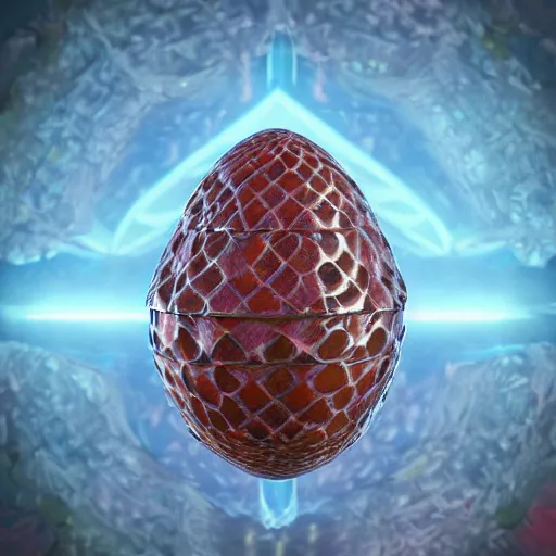 Prompt: a highly decorated dragon scale egg, photorealistic, symmetrical, unreal engine