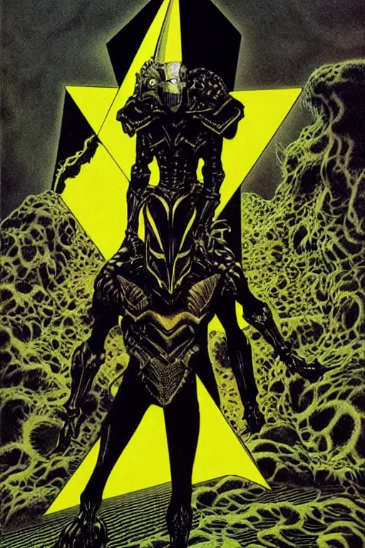 Image similar to portrait of black and yellow technicolor color print, richard corben, wayne barlowe, moebius, heavy metal comic cover art, psychedelic triangular lich in heavy shoulders armor, very intricate, thick outline, full body, symmetrical face, long black crown, in a shapes background, galactic dark colors