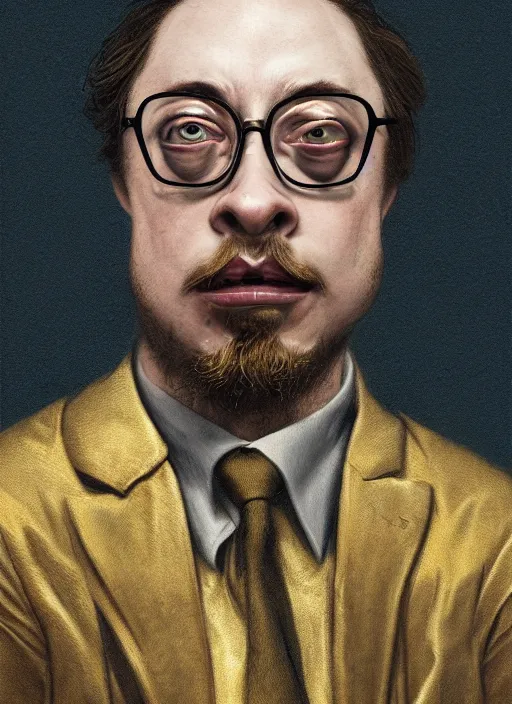 Prompt: Sam Hyde in gold suit, sigma male, accurately portrayed, portrait art by Hieronymus Bosch, highly detailed, digital painting, concept art, illustration, horror element, very detailed, smooth, sharp focus, octane render, close up