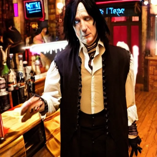 Prompt: Severus Snape dance in a bar, neon, realistic, full body, very detailed, super realistic