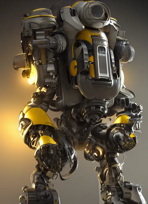 Image similar to a photorealistic dramatic hyperrealistic render of a futuristic exosuit power loader heavy machinery, ultra realistic details, glossy yellow by vitaly bulgarov and mike nash, beautiful dramatic dark moody tones and lighting, cinematic atmosphere, studio lighting, shadows, dark background, octane render, 8 k