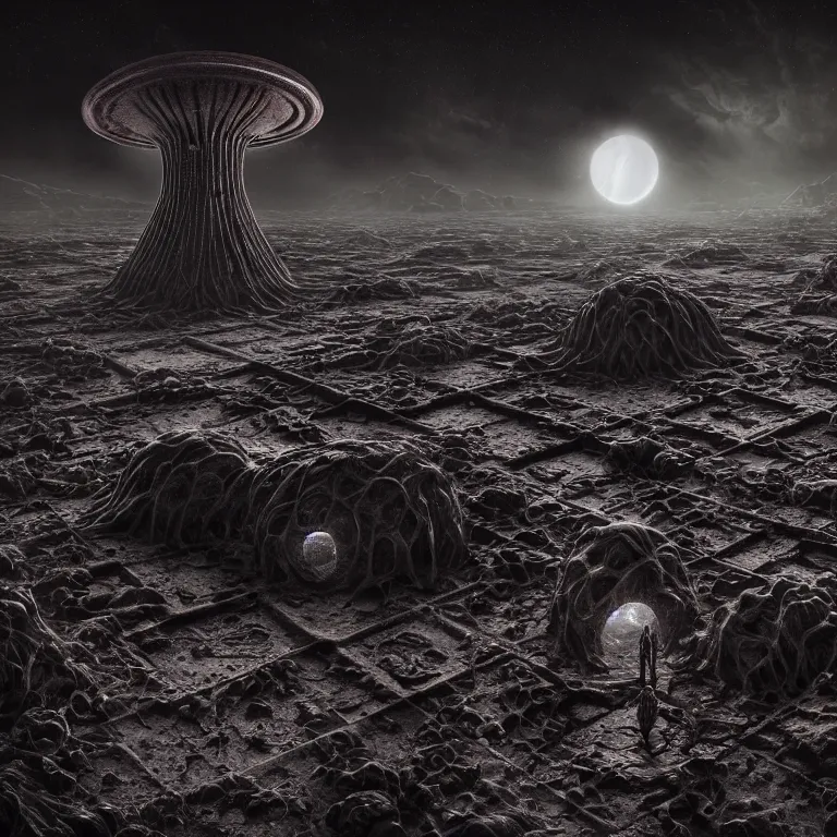 Image similar to ribbed surreal alien temple on exoplanet, standing in a desolate empty wasteland, creepy, nightmare, dream-like heavy atmosphere, darkness, surreal abandoned buildings, beautiful detailed intricate insanely detailed octane render trending on Artstation, 8K artistic photography, photorealistic, cinematic light, chiaroscuro, Raphael, Caravaggio, Beksinski, Giger
