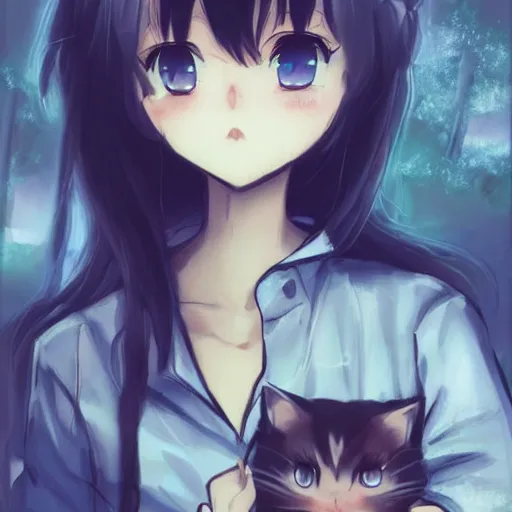 Image similar to sad anime girl with her one little kitty sitting at an abandoned train station with a nuclear bomb destroying all buildings at the distance yumei art, Artstation, pinterest 8k hyper-detailed