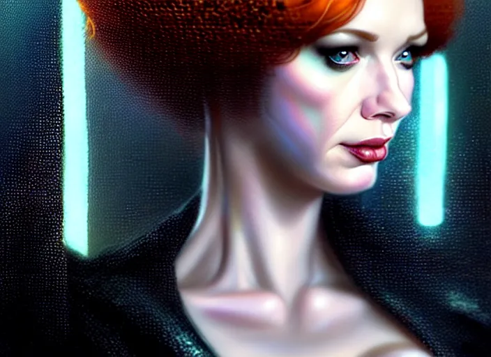 Prompt: portrait shot of christina hendricks in bladerunner wearing a cyberpunk costume, frontal view, intricate, elegant, highly detailed, centered, digital painting, artstation, concept art, smooth, sharp focus, illustration, artgerm, tomasz alen kopera, peter mohrbacher, donato giancola, joseph christian leyendecker, wlop, boris vallejo