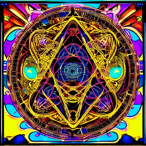 Prompt: artificial intelligence + sacred geometry, ornate, acid trip, primary colors + high fantasy + male shapes + comic stylized + ultra detailed scene