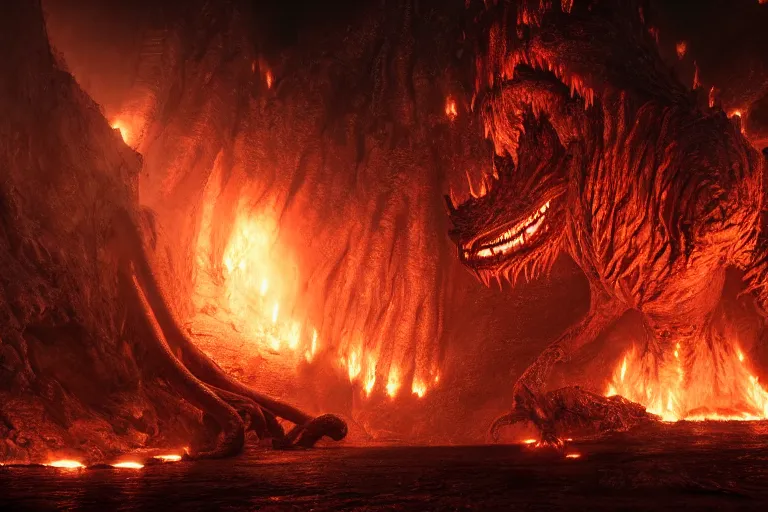 Image similar to realistic fiery balrog at the bottom of a huge long corridor in the mines of moria, 3 d octane render, photorealistic, style of h. r. giger