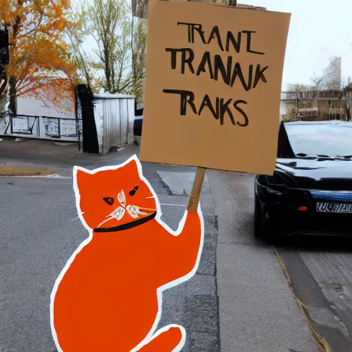 Image similar to orange cat holding a sign that says
