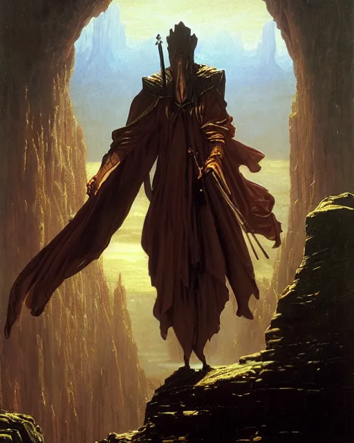 Prompt: A lawful good dnd wizard, he wears robes. Award winning oil painting by Thomas Cole and Wayne Barlowe. Highly detailed