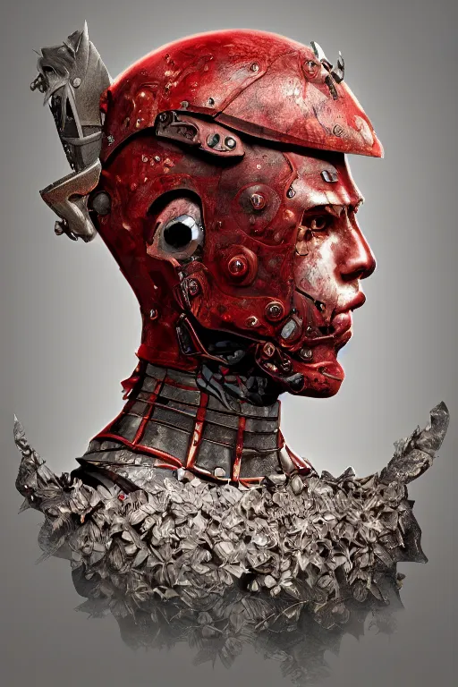 Image similar to portrait of beautiful young man, warhammer, japaneese style, more cyber armor, a lot of more scars, more and more flowers, red head, the middle ages, highly detailed, artstation, illustration, art by rene magritte, 8 k quality