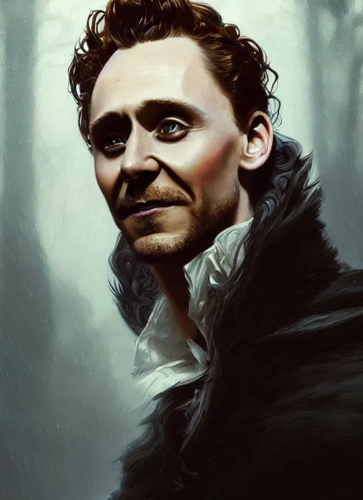 Image similar to portrait of tom hiddleston as a vampire lord, jewelry, intricate, headshot, highly detailed, digital painting, artstation, concept art, sharp focus, cinematic lighting, illustration, art by artgerm and greg rutkowski, alphonse mucha, cgsociety