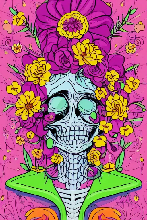 Image similar to portrait of a flower skeletor girl, art by milka oxana, sticker, colorful, illustration, highly detailed, simple, smooth and clean vector curves, no jagged lines, vector art, smooth