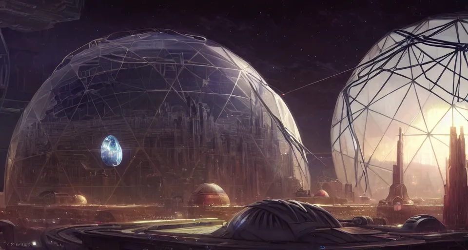 Image similar to cinematic shot, futuristic city on the moon inside a giant geodesic dome, utopian, night, stars, digital painting, artstation, concept art, smooth, sharp focus, illustration, intricate, elegant, highly detailed, in the style of greg rutkowski and alphonse mucha and artemisia, 8 k, highly detailed, jurgens, rutkowski
