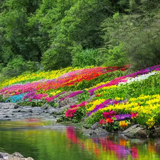 Prompt: colorful flowers growing next to a gentle creek