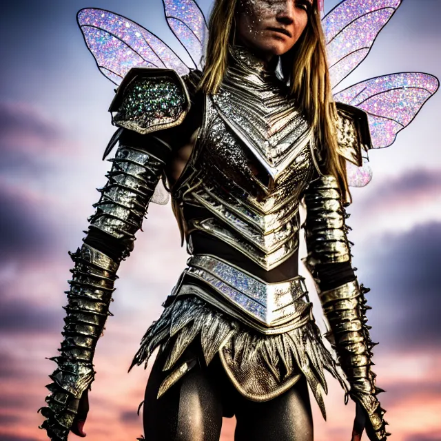 Image similar to full length photo of a fairy warrior wearing sparkly armour, highly detailed, 4 k, hdr, smooth, sharp focus, high resolution, award - winning photo