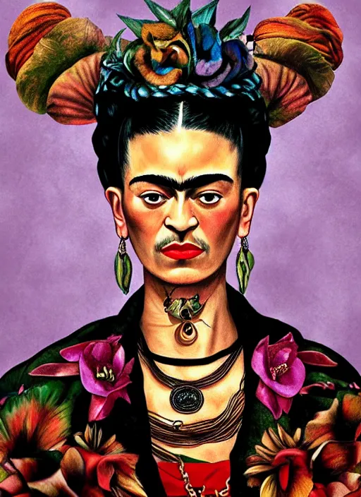 Image similar to frida kahlo as a voodoo priestess, detailed digital art, trending on Artstation