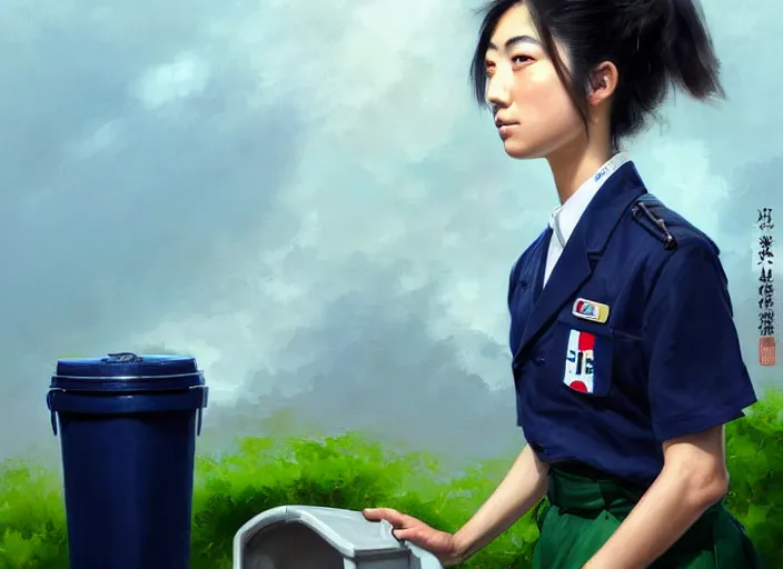 Prompt: portrait of an Italian Japanese Hapa young woman school with short hair wearing a navy and white sepuku uniform and jumping outside a green trashbin in Kalakaua avenue in Waikiki, intricate, elegant, highly detailed, centered, digital painting, artstation, concept art, smooth, sharp focus, illustration, by Peter Mohrbacher, WLOP