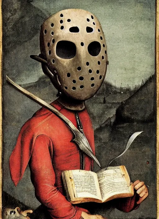 Image similar to medieval Jason Voorhees reading a book painted by hieronymus bosch, detailed digital art, trending on Artstation