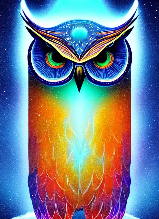 Image similar to symmetry!! product render poster vivid colors divine proportion owl, ice and snow, glowing fog intricate, elegant, highly detailed, digital painting, artstation, concept art, smooth, sharp focus, illustration,