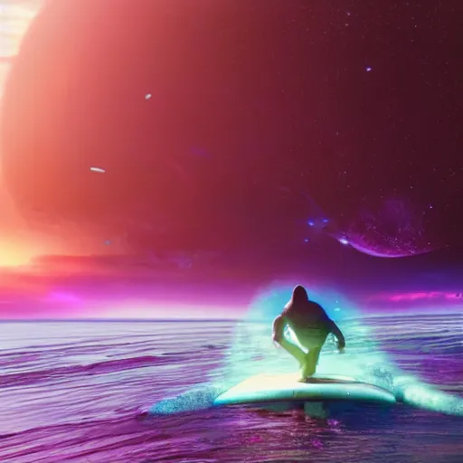 Prompt: photo of a alien surfing a surfboard on a crashing l wave of alien ocean in space, background is an alien galaxy, aliens in the background, alien colors, octane render, unreal engine, wide view, 8 k, high detaild