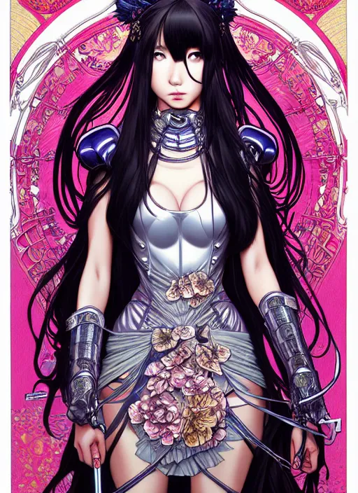 Image similar to highly detailed artgerm artstation minaba hideo fantastic fate katsuhiro otomo manga poster of princess mechine, minaba hideo,, long hair, armor, dress, laces, ruffles, 8 k, fluorescent, maximalist, jump comics, art nouveau, alphonse mucha