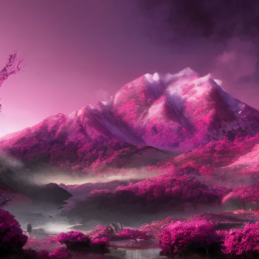 Prompt: a professional photographic view picture of a giant magenta and white mountain ,photographic filter unreal engine 5 realistic hyperdetailed 8k ultradetail cinematic concept art volumetric lighting, fantasy artwork, very beautiful scenery, very realistic painting effect, hd, hdr, cinematic 4k wallpaper, 8k, ultra detailed, high resolution, artstation trending on artstation in the style of Albert Dros