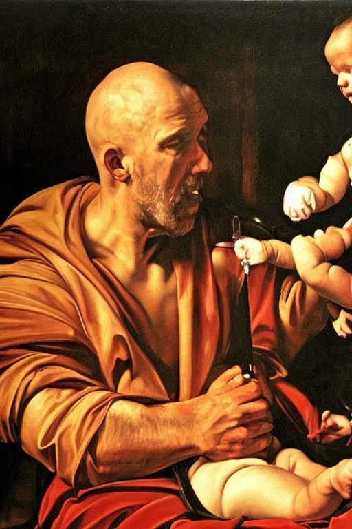 Prompt: hyper realistic oil painting of a handsome man sitting in a gilded chair with tubes coming out of his arm, getting a blood transfusion from a baby in the background. dark. in the style of caravaggio