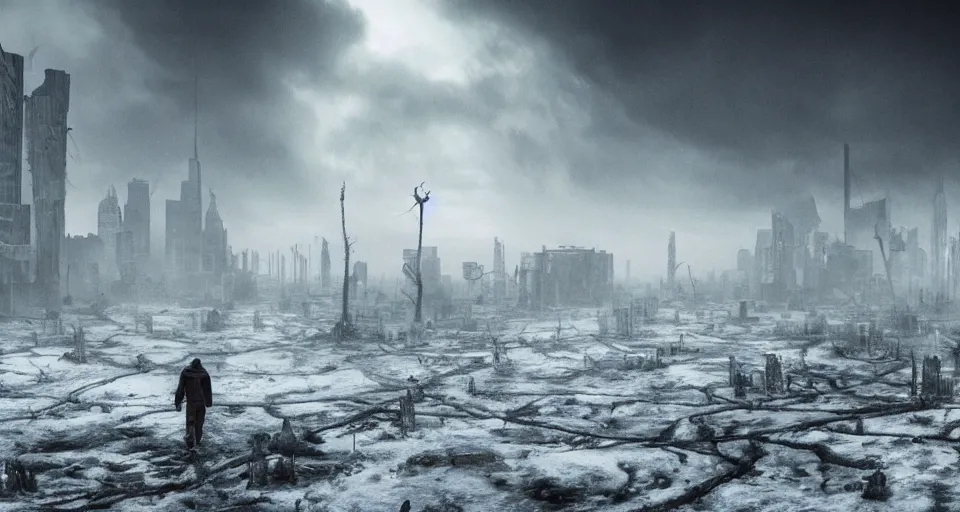 Image similar to a huge city walking on 8 spider legs through a post apocalyptic tundra, fantasy, cinematic