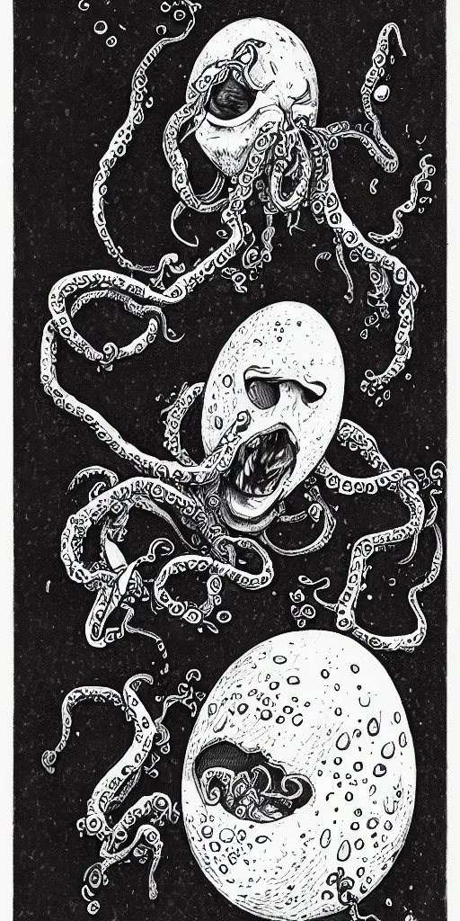 Prompt: high detailed drawing a man with the head of a broken egg, with arms of tentacles. He has a knife in his hand and splatters micro droplets