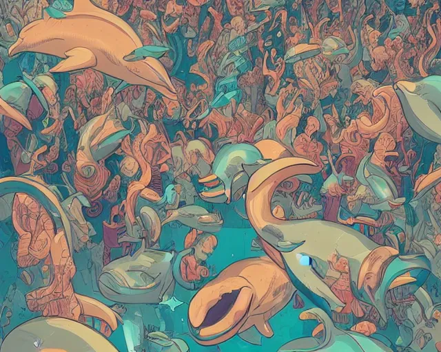 Image similar to a study of cell shaded cartoon of dolphins raving in a nightclub, illustration, wide shot, subtle colors, post grunge, concept art by josan gonzales and wlop, by james jean, Victo ngai, David Rubín, Mike Mignola, Laurie Greasley, highly detailed, sharp focus, alien, Trending on Artstation, HQ, deviantart, art by artgem