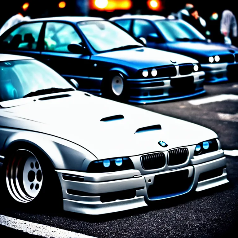 Image similar to close-up-photo BMW E36 turbo illegal night meet, work-wheels, Shibuya shibuya shibuya, roadside, cinematic color, photorealistic, deep dish wheels, highly detailed, custom headlights