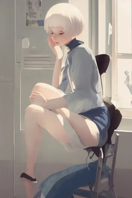 Prompt: a cute young woman listening to music in a white bubble chair with her eyes closed and wearing headphones, white bob cut hair, freckles, cozy setting, blue and white, warm lighting, cinematic, moody, nier automata, poster, oil on canvas, in the style of Ilya Kuvshinov, Krenz Cushart, Range Murata, Eero Aarnio, 8k