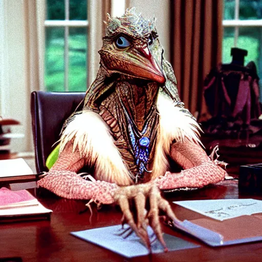 Prompt: dark crystal skeksis in the oval office, 1 9 8 7 film still, technicolor