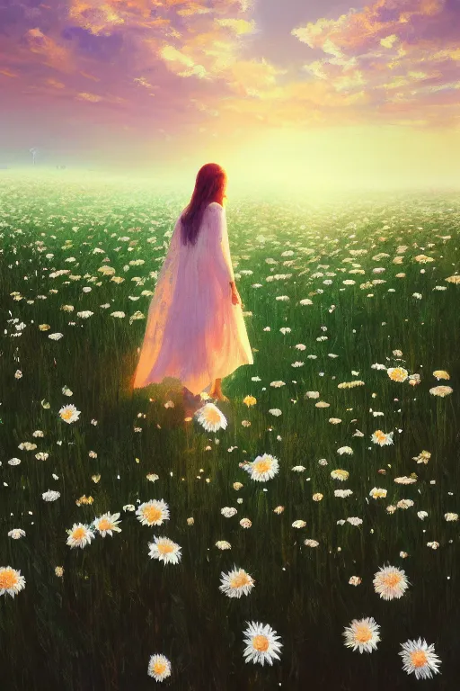 Image similar to giant white daisy flower veil, girl walking in a flower field, surreal photography, sunrise, dramatic light, impressionist painting, colorful clouds, digital painting, artstation, simon stalenhag