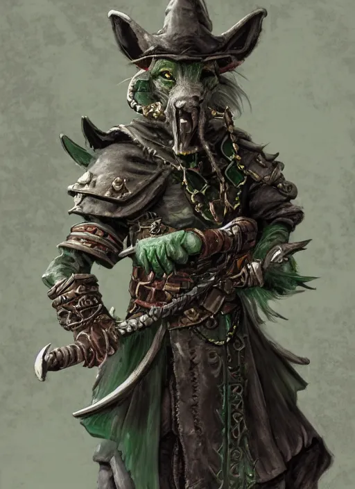 Image similar to a skaven from warhammer fantasy with a gray beard, wearing jewelry, tricorne hat, green robe, mean, dark tones, warlock, d & d, digital art, detailed face, highly detailed, trending on artstation, realistic