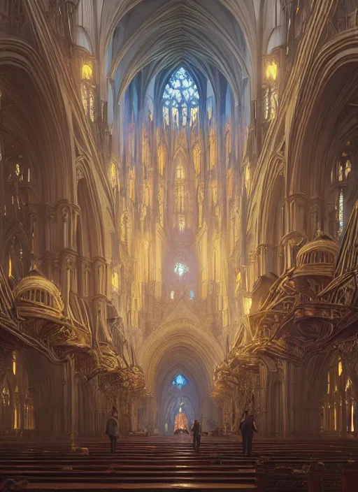 Image similar to highly detailed cathedral, stephen bliss, unreal engine, greg rutkowski, loish, rhads, beeple, makoto shinkai and lois van baarle, ilya kuvshinov, rossdraws, tom bagshaw, alphonse mucha, global illumination, radiant light, detailed and intricate environment