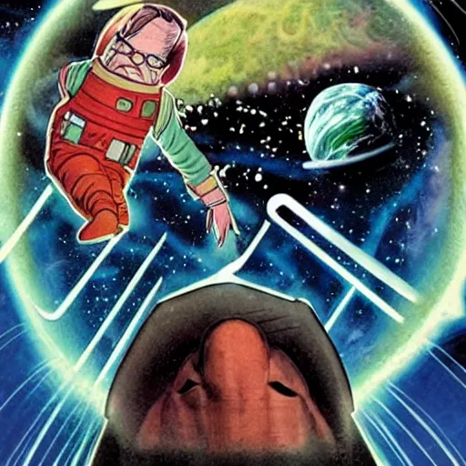 Image similar to a dark horse comic book cover of jack Nicholson hovering in space and holding! Planet! Earth! In his palm!.